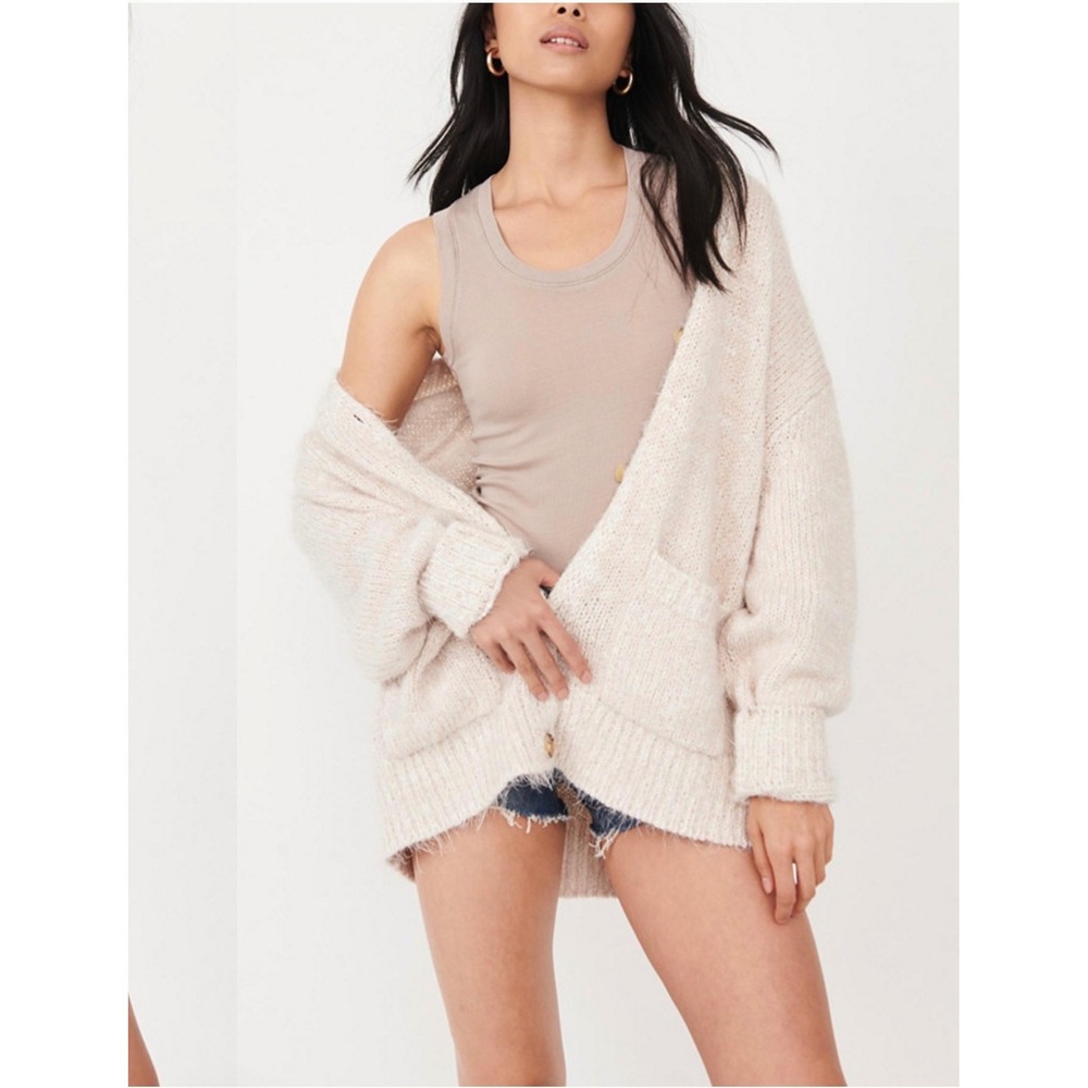 Free People Cream Peach Marled Eyelash Knit Oversized Cardigan Women's Size XS
